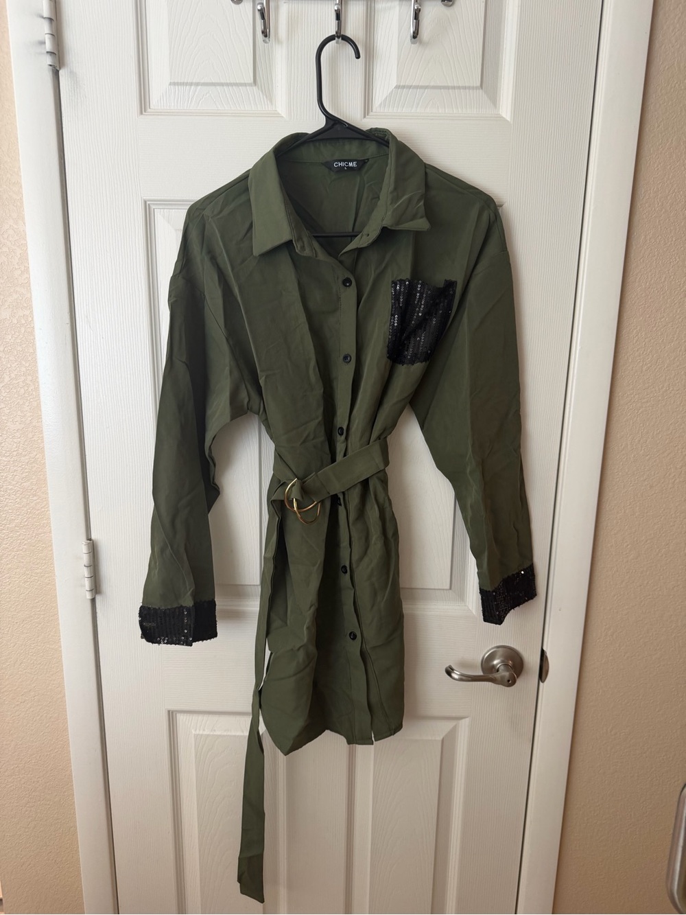 Olive Green Belted Shirt Jacket with Sequin Trim